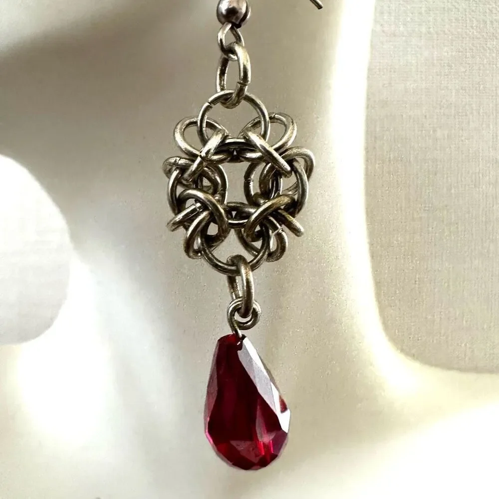 Silver red crystal teardrop earrings silver tone